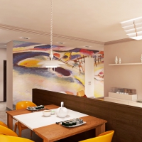 3D визуализация кухни-гостиной 38.7 м2. Проект «Шагаем с Шагалом»