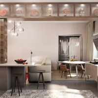 3D визуализация кухни-гостиной 32.2 м2. Проект «Чудо-гребешок»